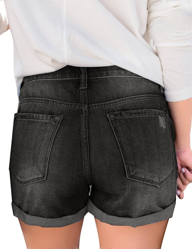 luvamia Women's Stretchy Ripped Denim Shorts High Rise Roll Hem Cut Off Shorts Wise Up Black Tight Shorts Black Size Large - Image 2